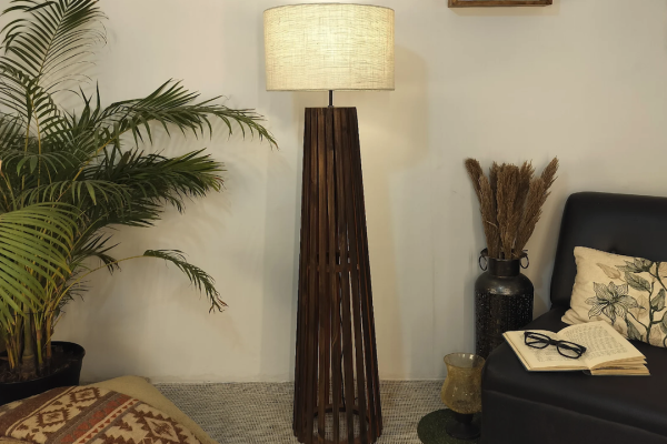 Rustic Charm: Vintage Wood Linen Floor Lamp